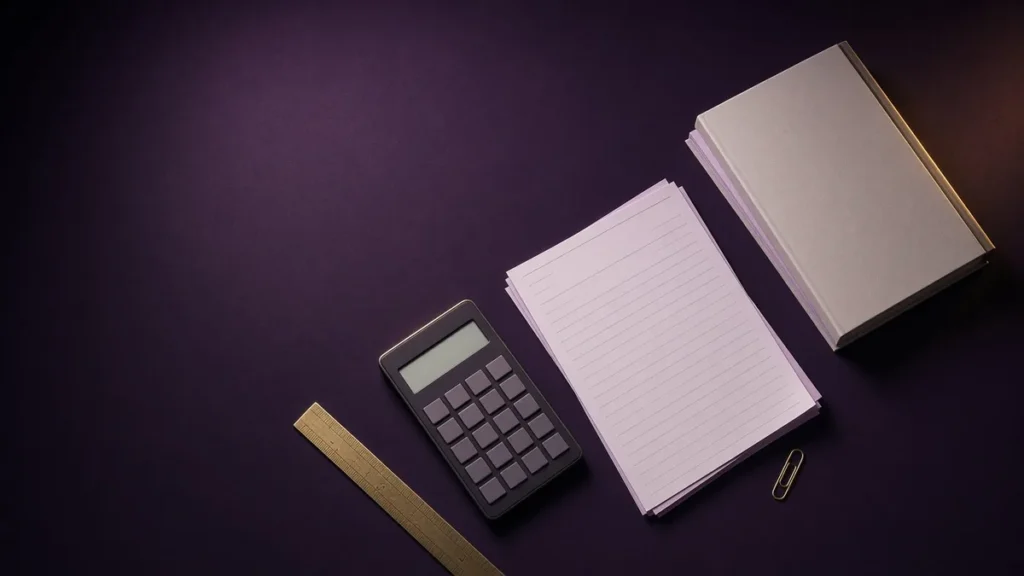 Calculator, invoice and a book proof on a desk