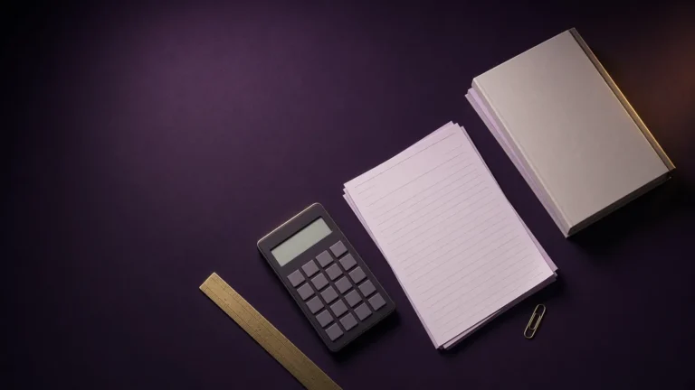 Calculator, invoice and a book proof on a desk