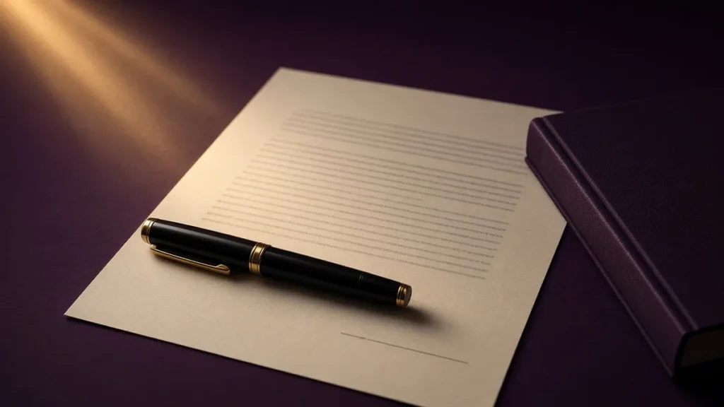Contract and fountain pen beside a hardcover book