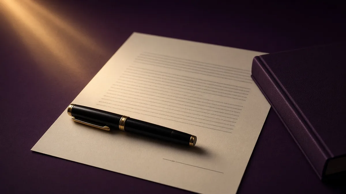 Contract and fountain pen beside a hardcover book