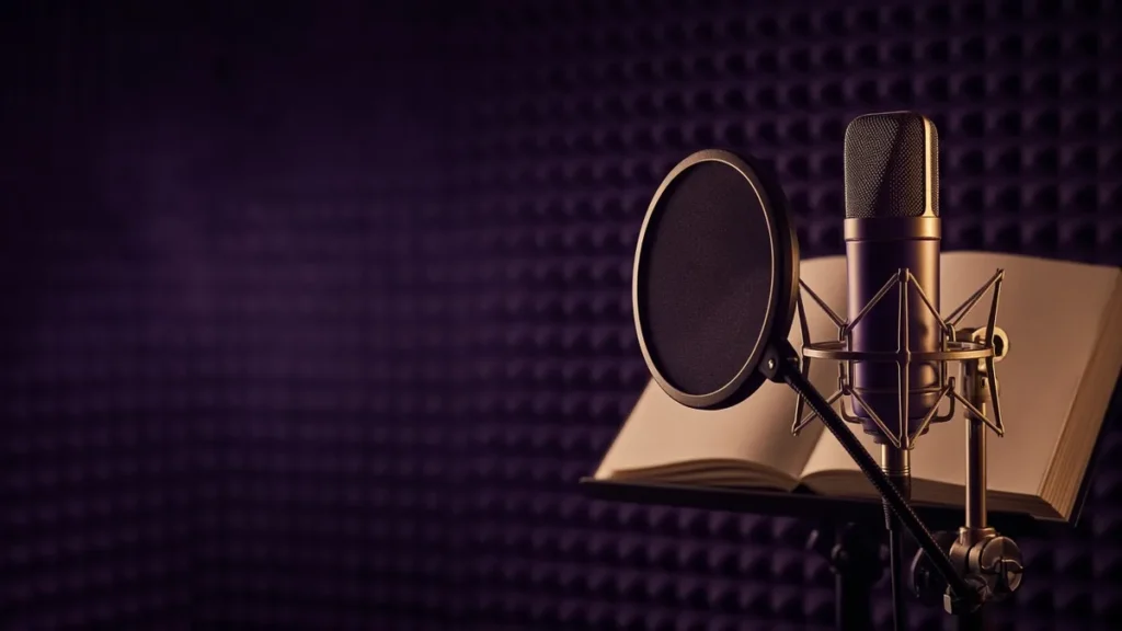 Studio microphone in front of an open book