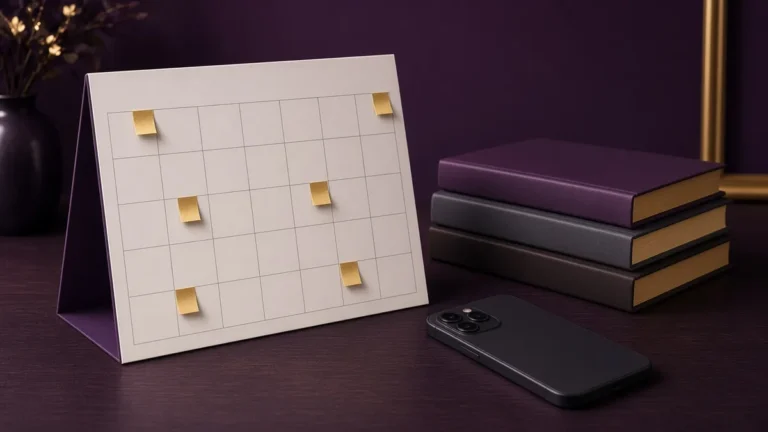 Calendar with marked weeks beside a stack of books