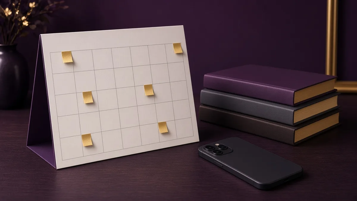 Calendar with marked weeks beside a stack of books